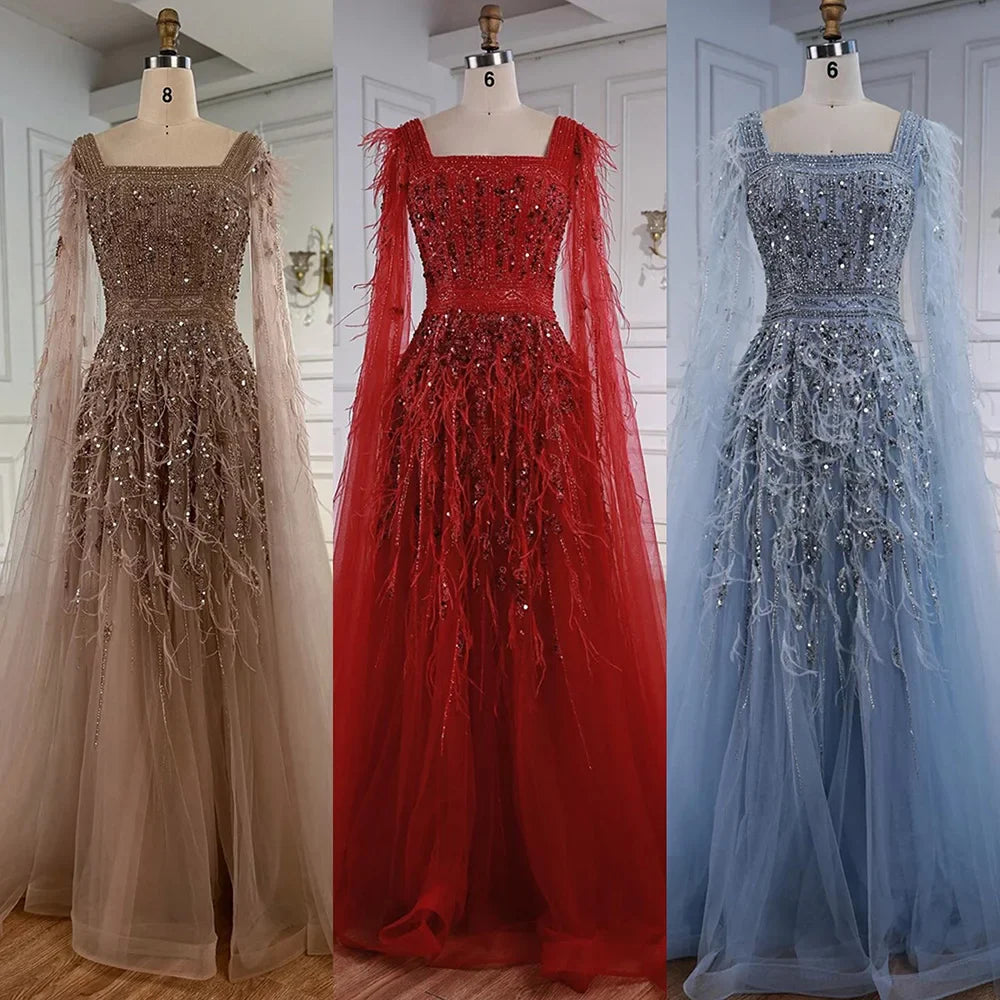 Elegant Blue Beaded Feather A-Line Evening Dress With Cape LA73043