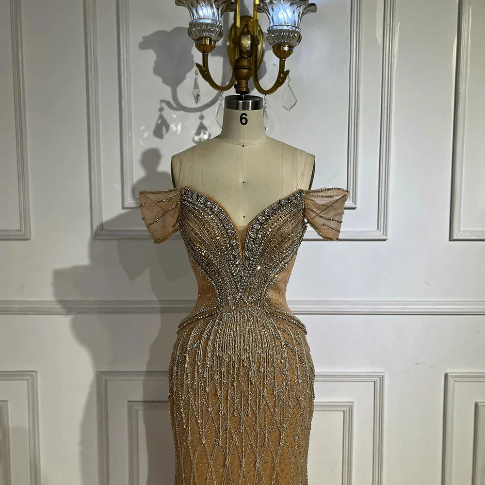 Saudi Arabic Off Shoulder Nude Beaded Tulle Mermaid Evening Gown LA72854