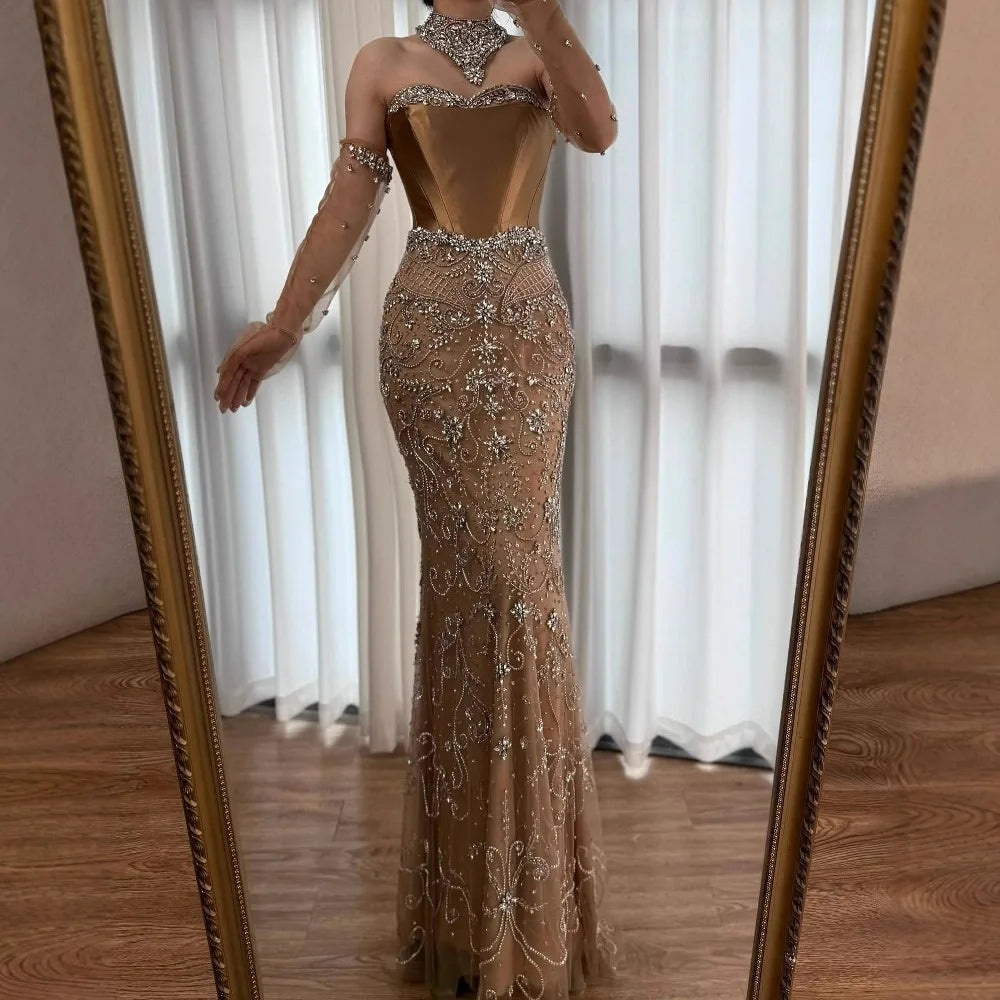 Luxury Beaded Corset Evening Dress Sheer Long Gloves LA72929