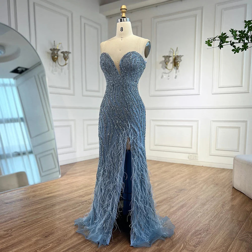 Luxury Blue Feather Beaded Evening Dress with Side Skirt LA72695