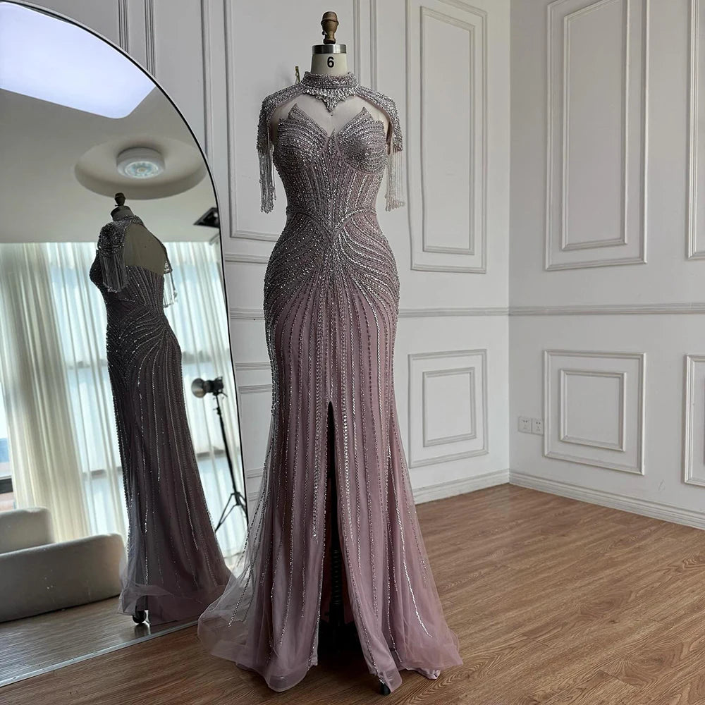 Nude Mermaid Evening Dress with Detachable High Neck Tassel LA72891A