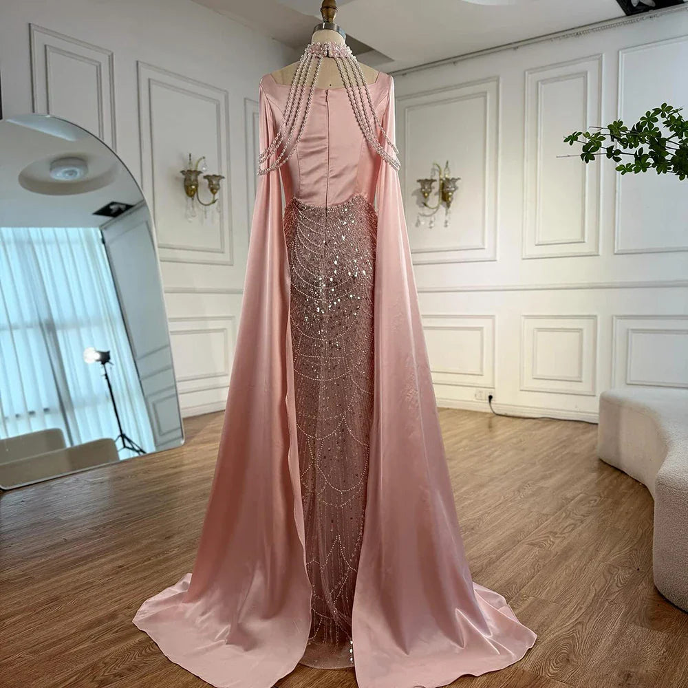 Luxury Arabic Pearls Pink Evening Dress with Cape LA73051