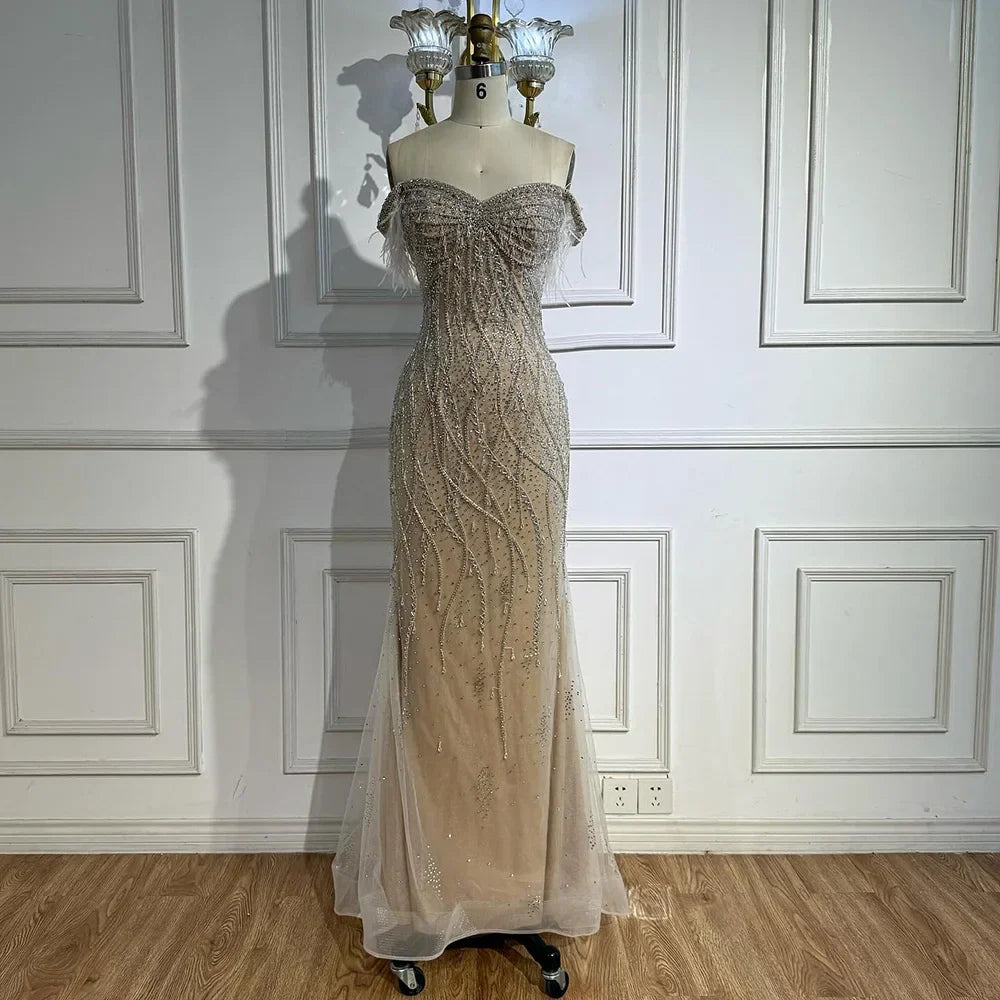 Luxury Nude Beaded Feather Mermaid Evening Dress Dubai Style LA72818