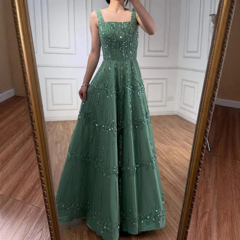 Elegant Sage Green Beaded A-Line Evening Dress LA73064
