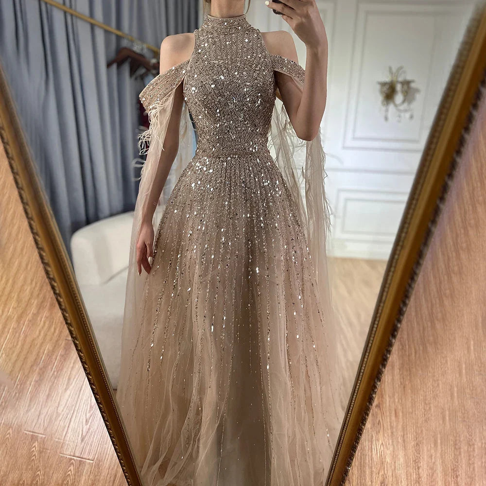 Serene Hill 2025 Arabic Turquoise Cape Sleeves A-Line Beaded Feathers Long Evening Gowns for Women Wedding Party LA72644