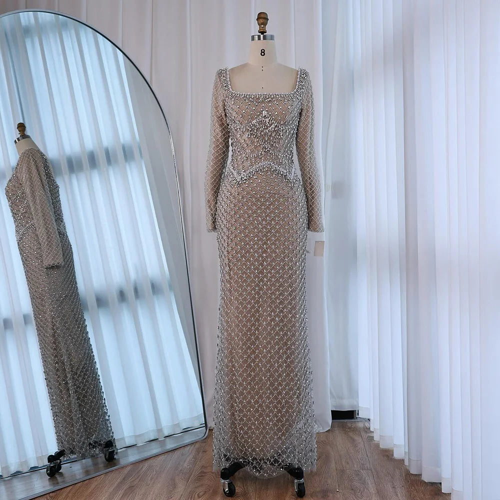 Modest Pearl Beaded Mermaid Evening Dress with Long Sleeves LA72919A
