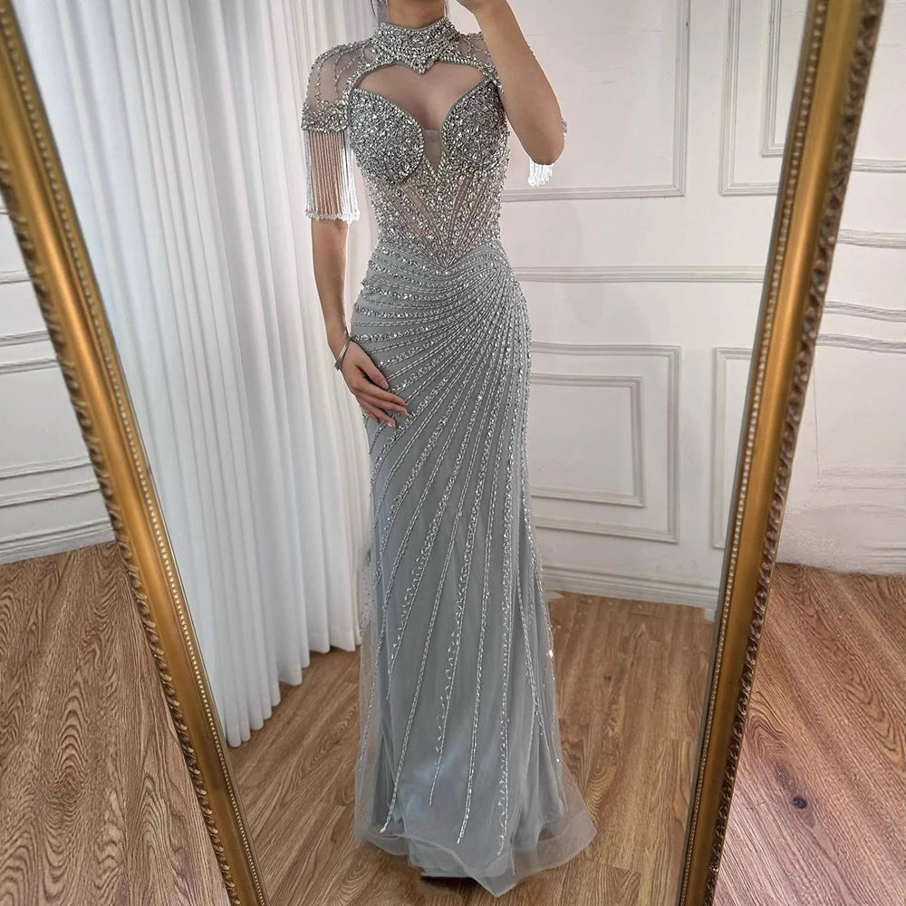 Luxury Pink Beaded Tassel Mermaid Evening Dress Long Gown LA73184