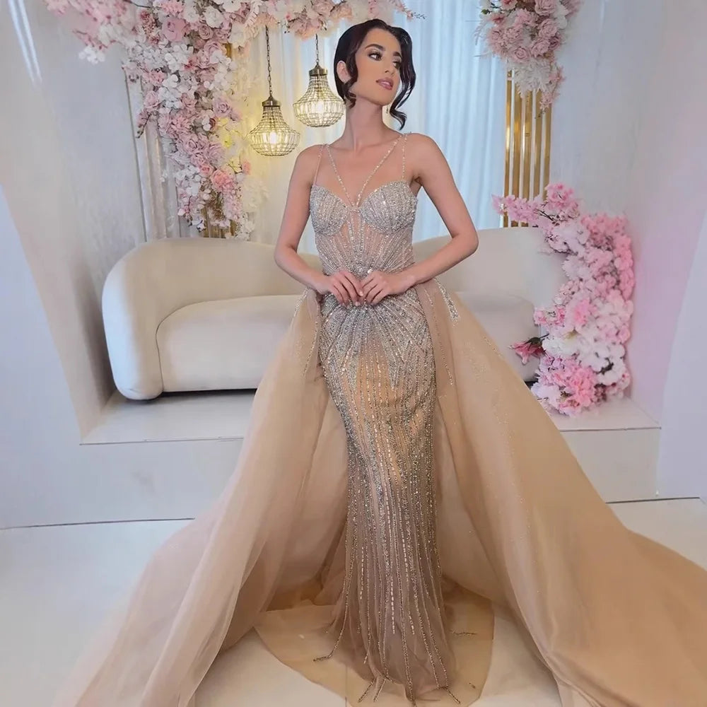 Nude Strapless Beaded Mermaid Evening Dress with Overskirt LA73090