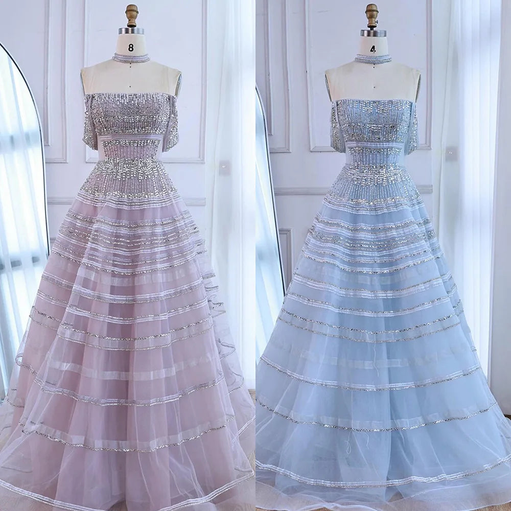 Luxury Pink Off Shoulder A-Line Beaded Evening Dress LA73079