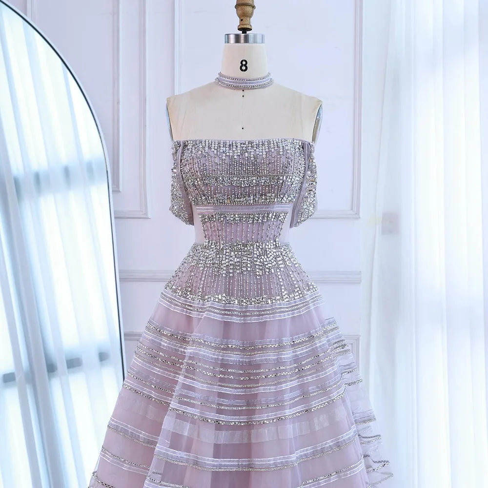 Luxury Pink Off Shoulder A-Line Beaded Evening Dress LA73079