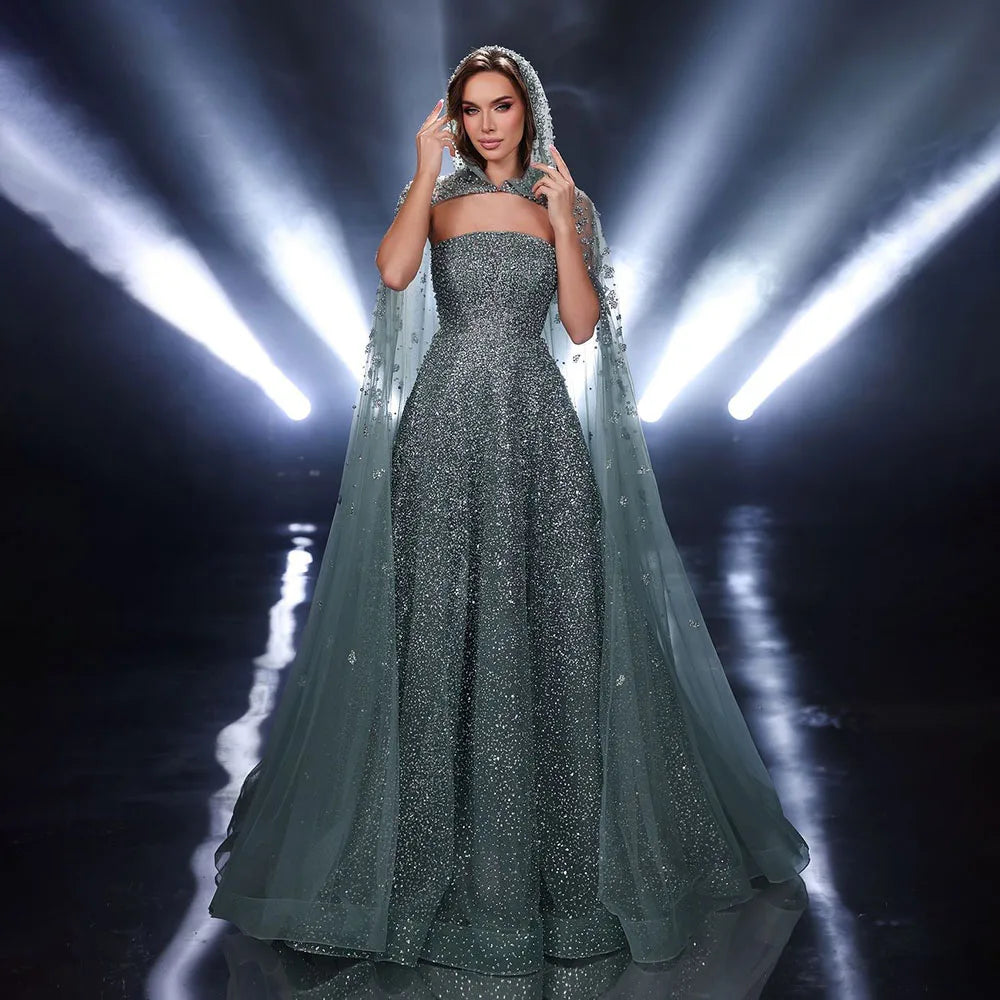 Luxury Dubai Saudi Arabic Turquoise Evening Gown with Beaded Dress and Elegant Hooded Cape for Formal Occasion LA72659A