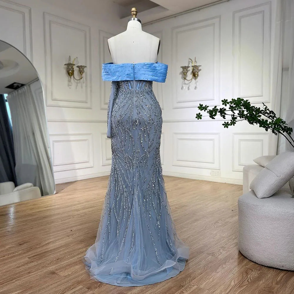 Serene Hill 2025 Arab Blue Boat Neck Mermaid Long Evening Dress - Elegant Gown with Beaded for Women's Party LA72369