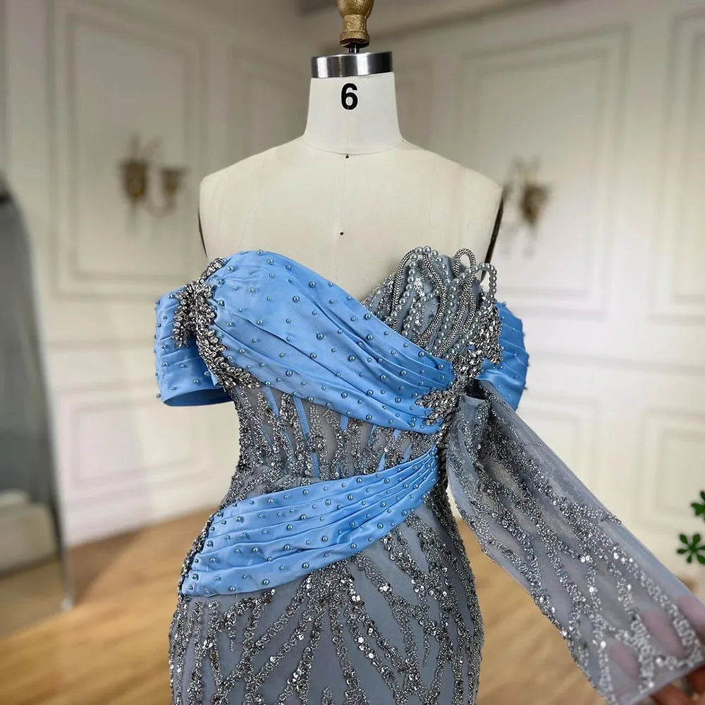 Serene Hill 2025 Arab Blue Boat Neck Mermaid Long Evening Dress - Elegant Gown with Beaded for Women's Party LA72369