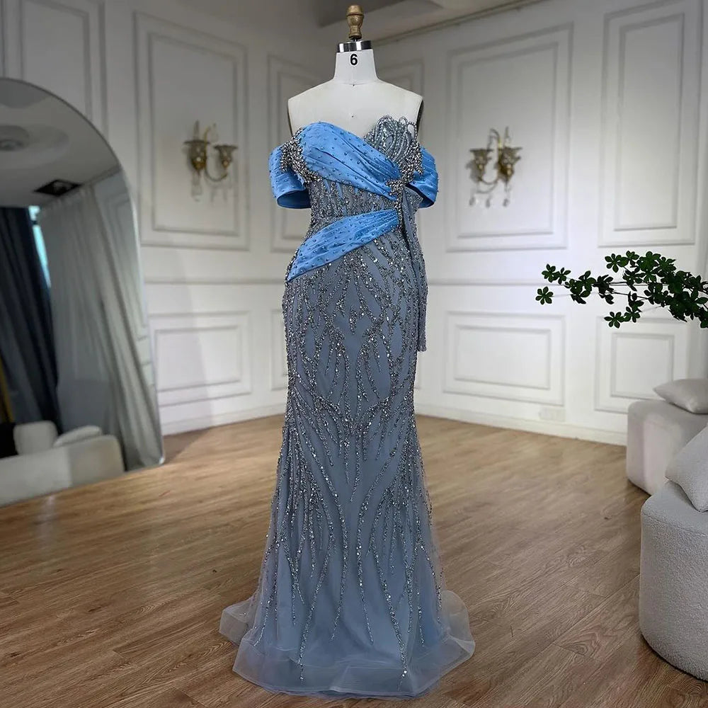 Serene Hill 2025 Arab Blue Boat Neck Mermaid Long Evening Dress - Elegant Gown with Beaded for Women's Party LA72369