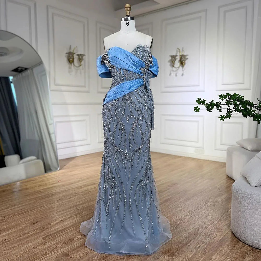 Serene Hill 2025 Arab Blue Boat Neck Mermaid Long Evening Dress - Elegant Gown with Beaded for Women's Party LA72369