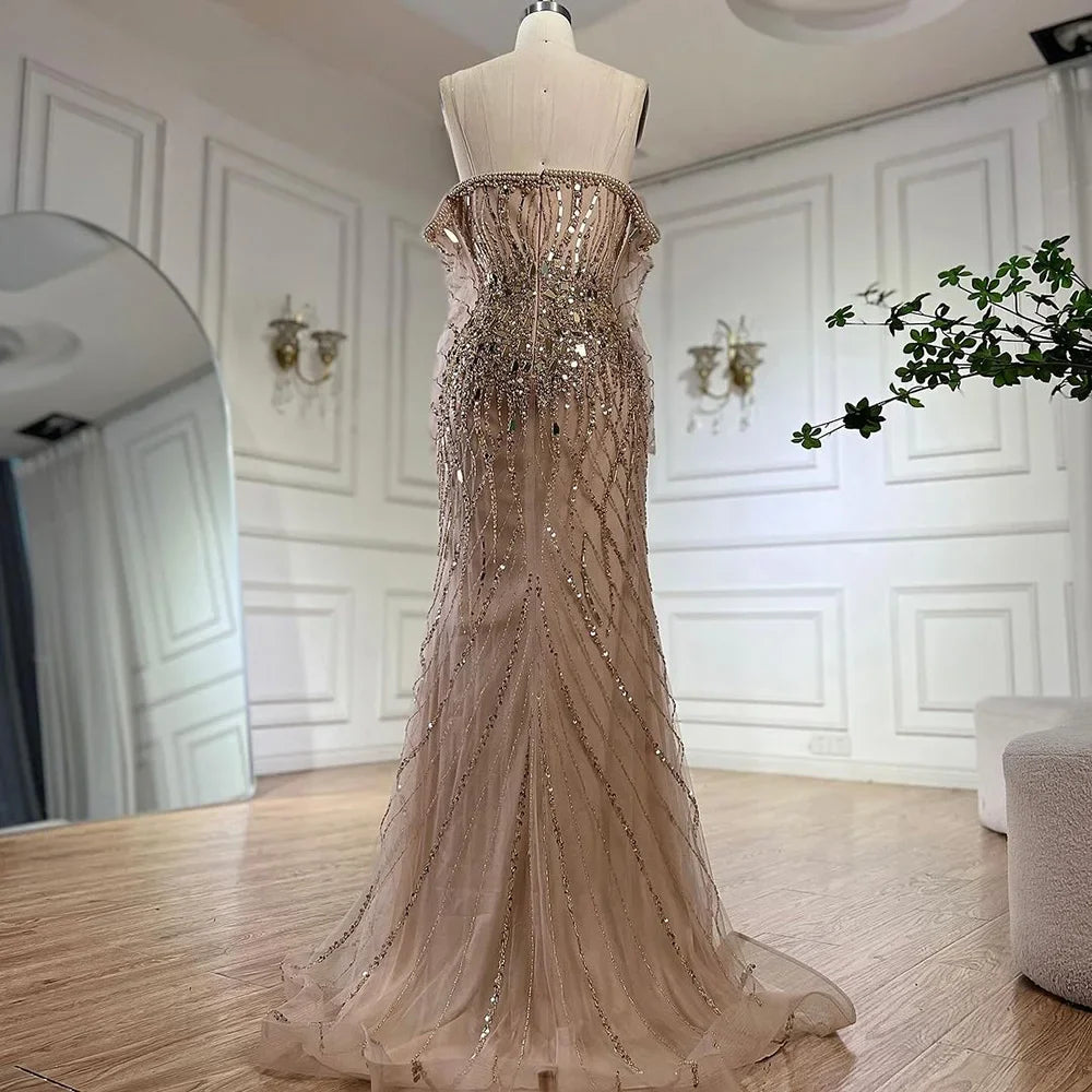 Serene Hill Arabia Gold Mermaid Luxury Beaded Off Shoulder Dubai Evening Dresses Gowns for Women Wedding Party LA72404