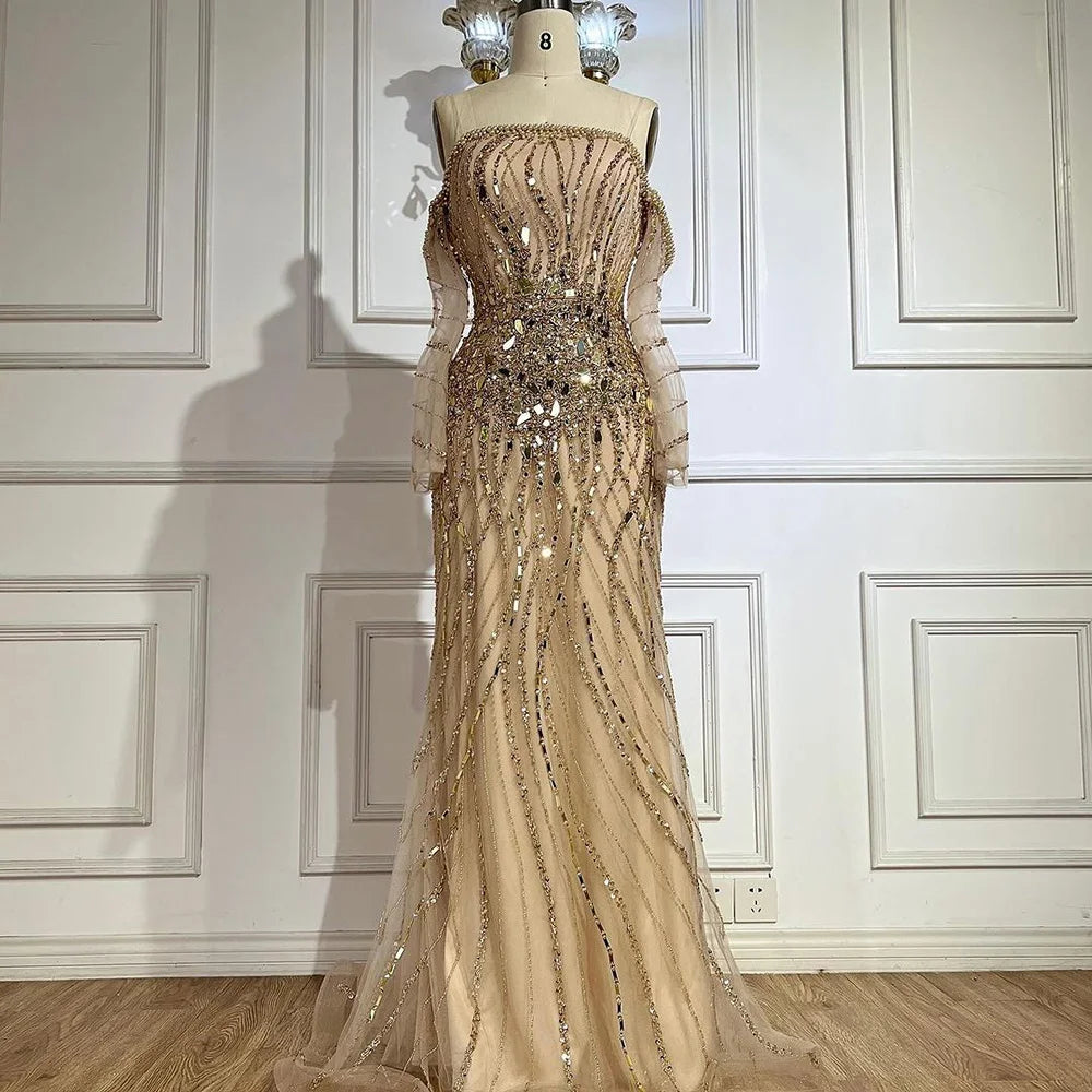 Serene Hill Arabia Gold Mermaid Luxury Beaded Off Shoulder Dubai Evening Dresses Gowns for Women Wedding Party LA72404