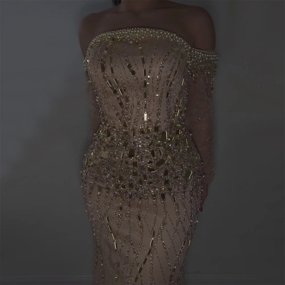 Serene Hill Arabia Gold Mermaid Luxury Beaded Off Shoulder Dubai Evening Dresses Gowns for Women Wedding Party LA72404
