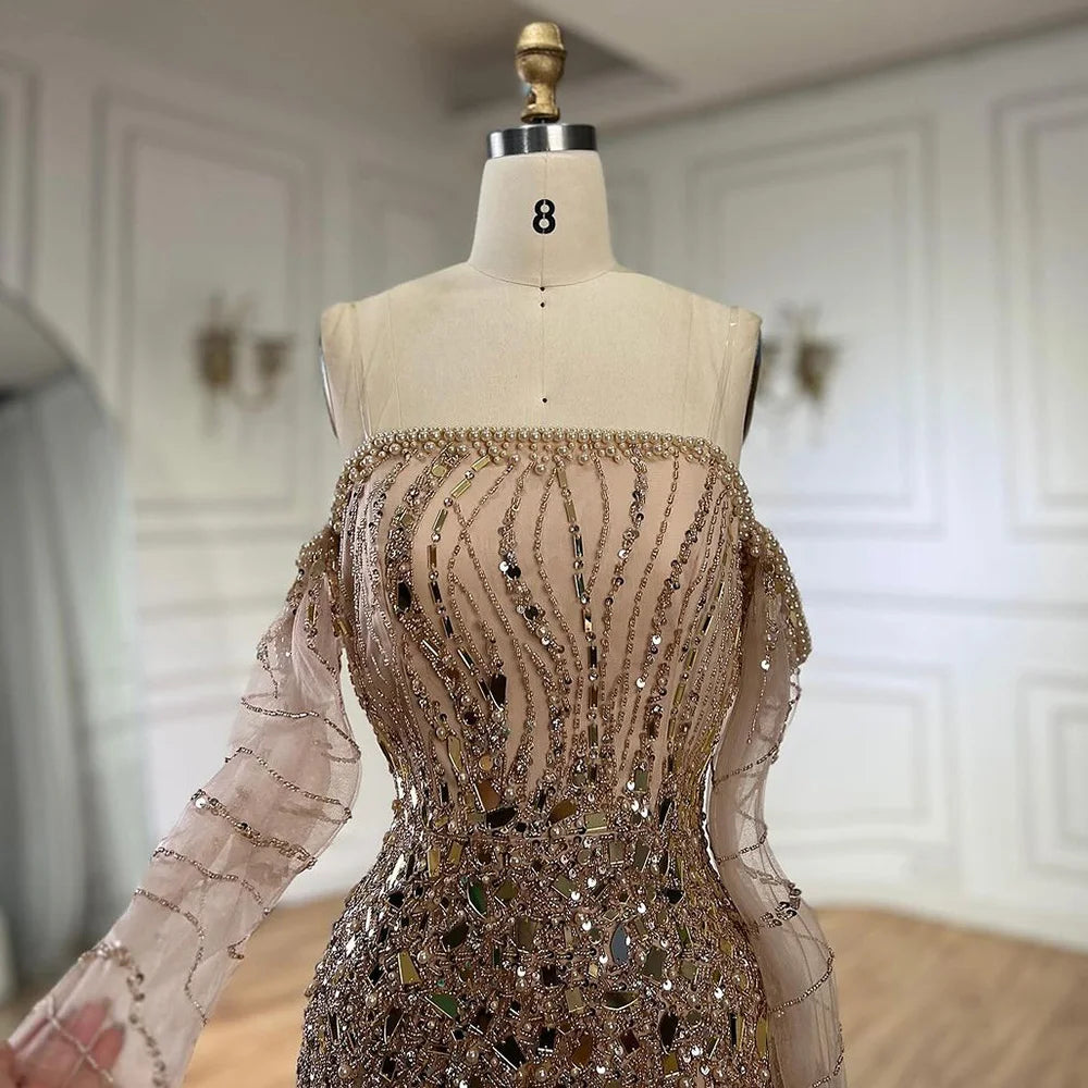 Serene Hill Arabia Gold Mermaid Luxury Beaded Off Shoulder Dubai Evening Dresses Gowns for Women Wedding Party LA72404