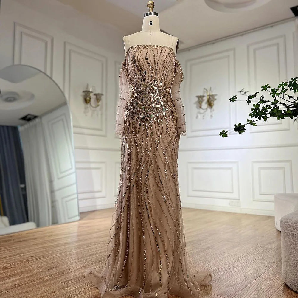 Serene Hill Arabia Gold Mermaid Luxury Beaded Off Shoulder Dubai Evening Dresses Gowns for Women Wedding Party LA72404