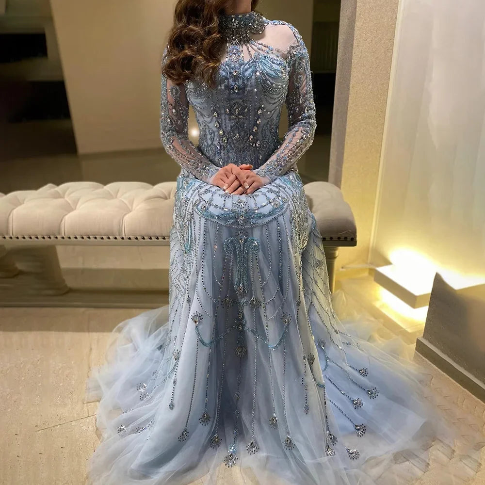Modest A-Line Blue Lace Beaded Evening Gown LA72704
