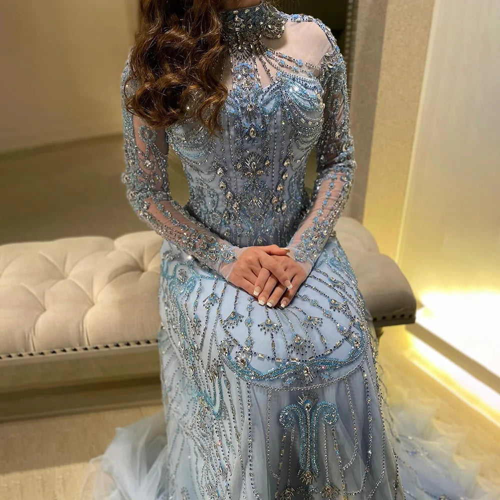 Modest A-Line Blue Lace Beaded Evening Gown LA72704