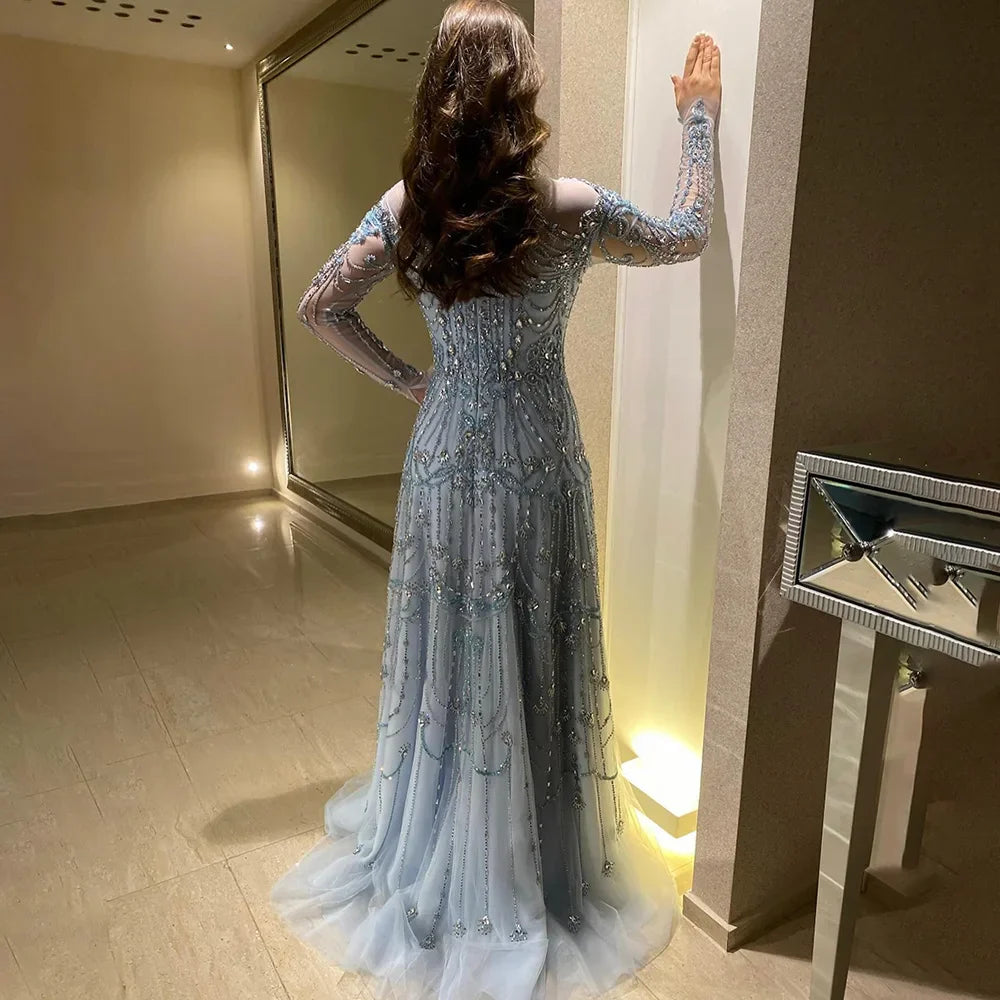 Modest A-Line Blue Lace Beaded Evening Gown LA72704