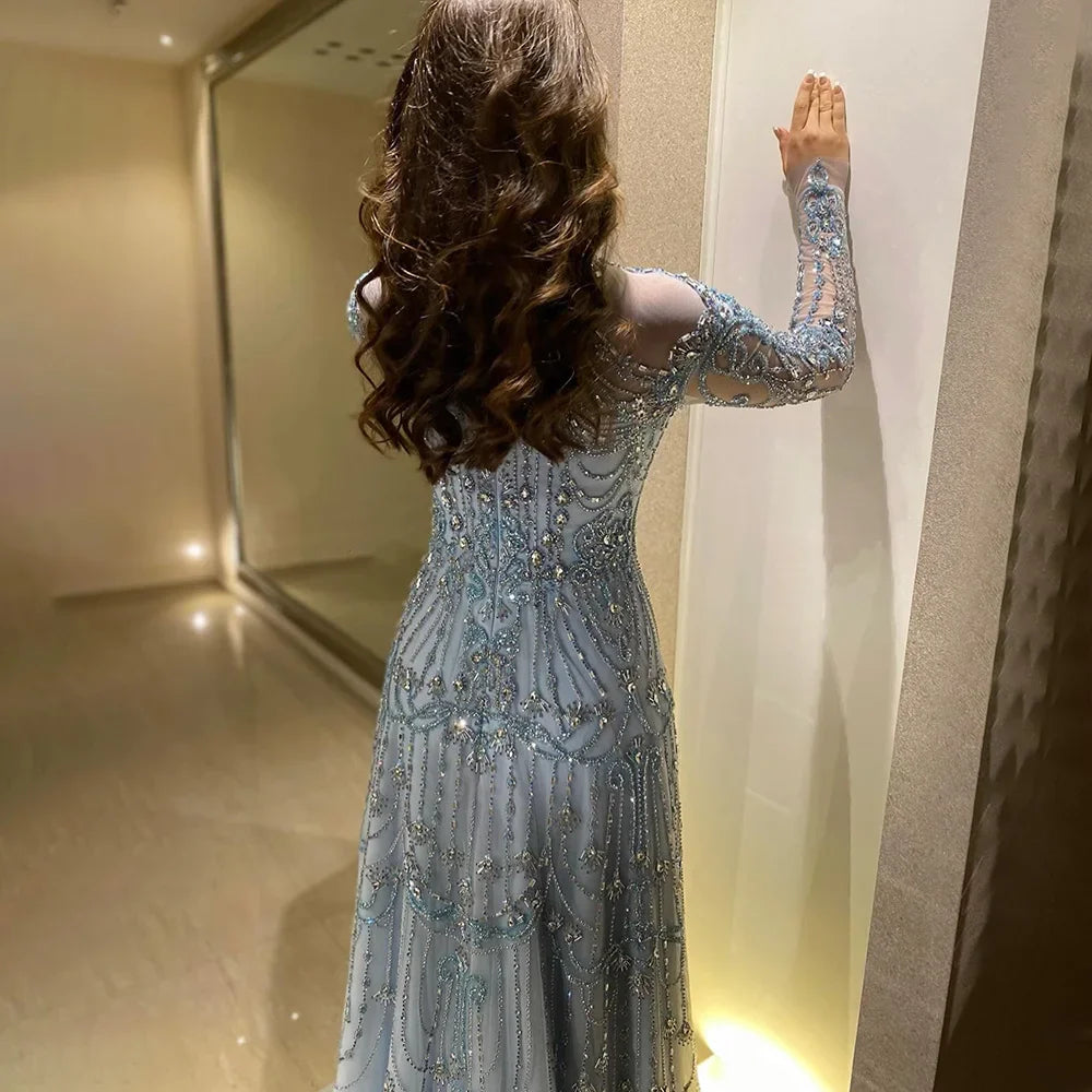 Modest A-Line Blue Lace Beaded Evening Gown LA72704