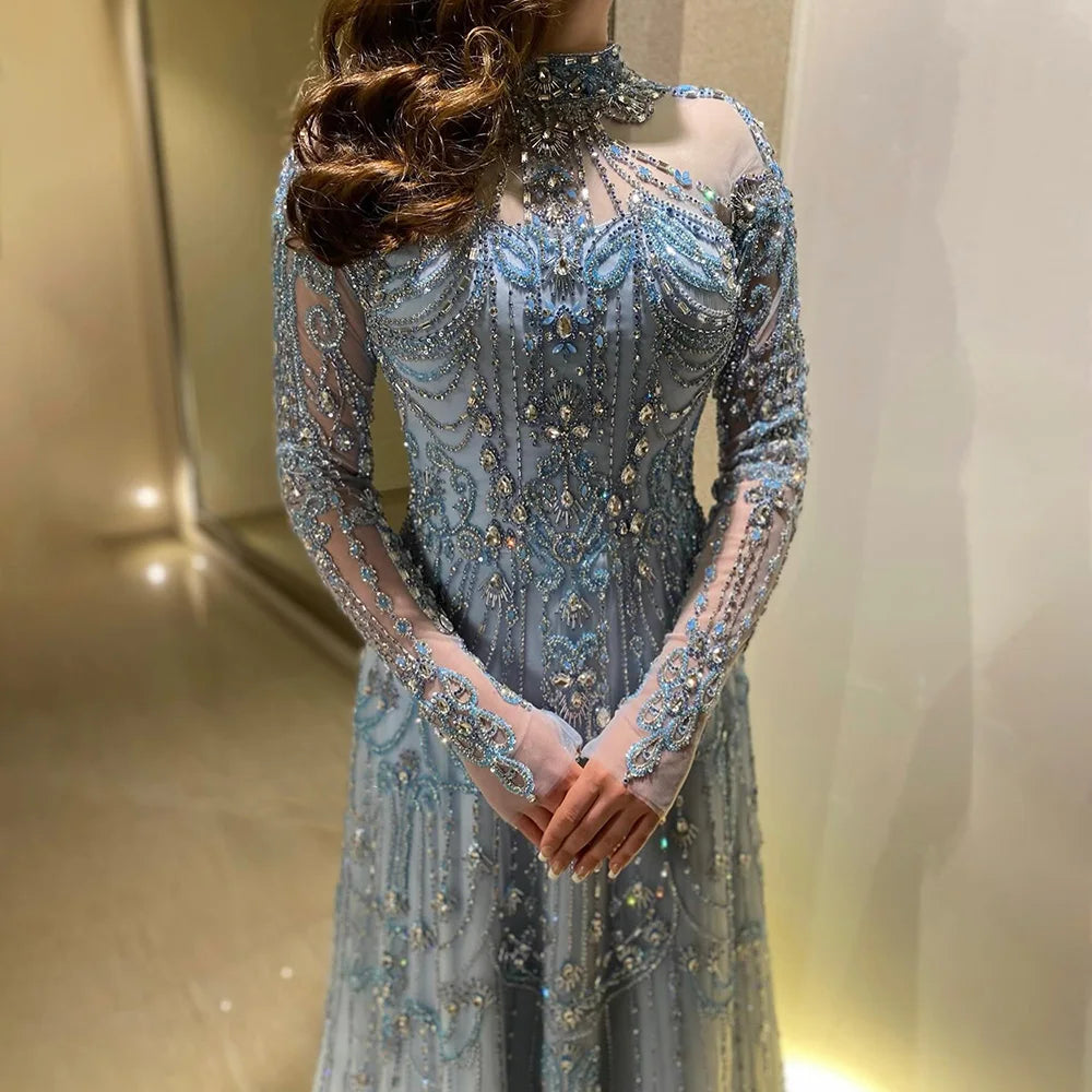 Modest A-Line Blue Lace Beaded Evening Gown LA72704