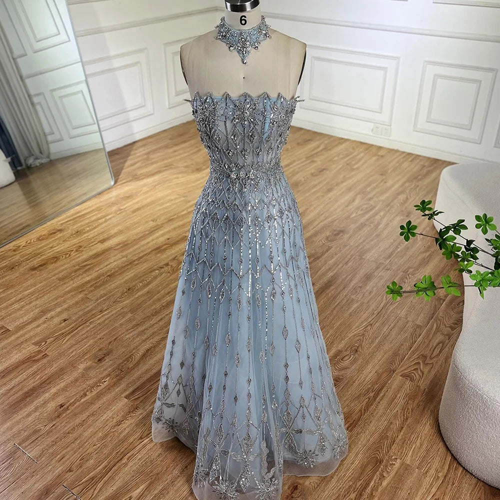 Luxury Dubai Arabic A-Line Elegant Blue Saudi Evening Gown Luxury Beaded Dress for Formal Occasion LA72717