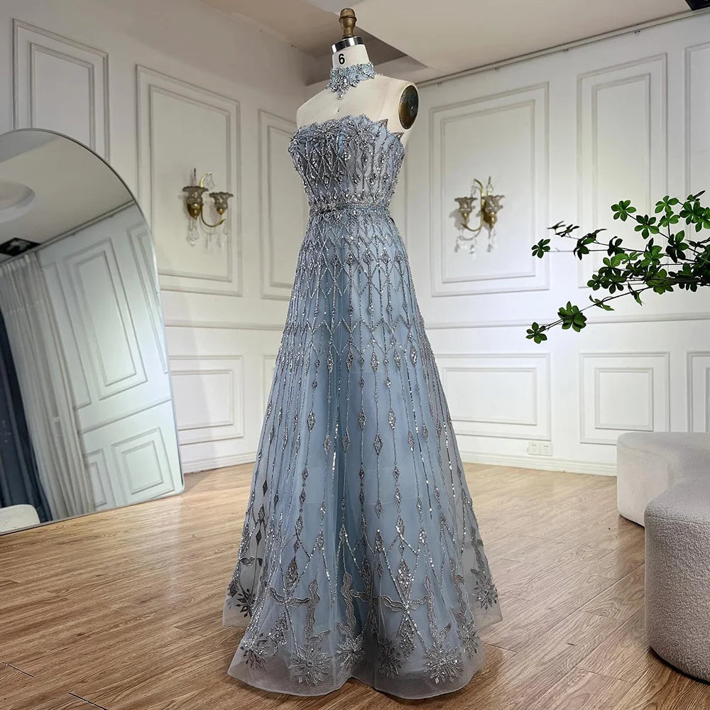 Luxury Dubai Arabic A-Line Elegant Blue Saudi Evening Gown Luxury Beaded Dress for Formal Occasion LA72717