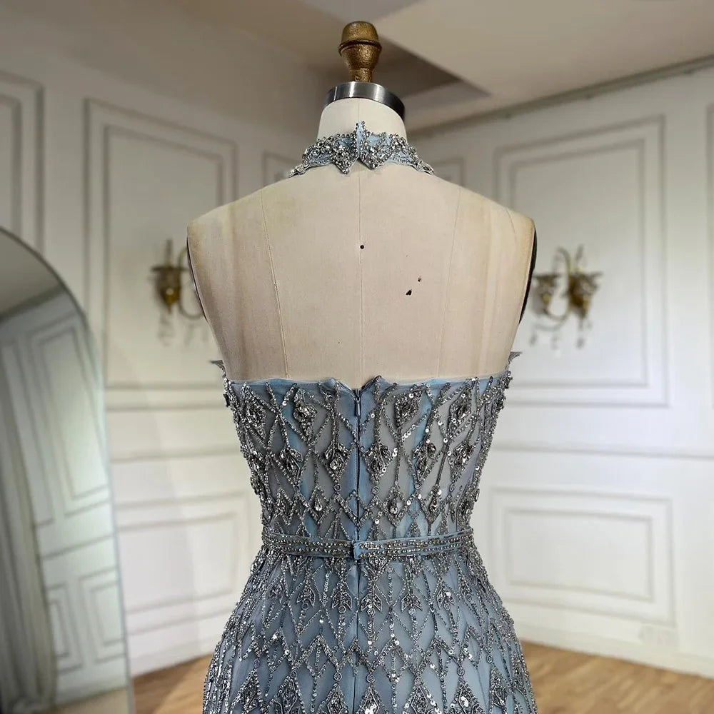 Luxury Dubai Arabic A-Line Elegant Blue Saudi Evening Gown Luxury Beaded Dress for Formal Occasion LA72717