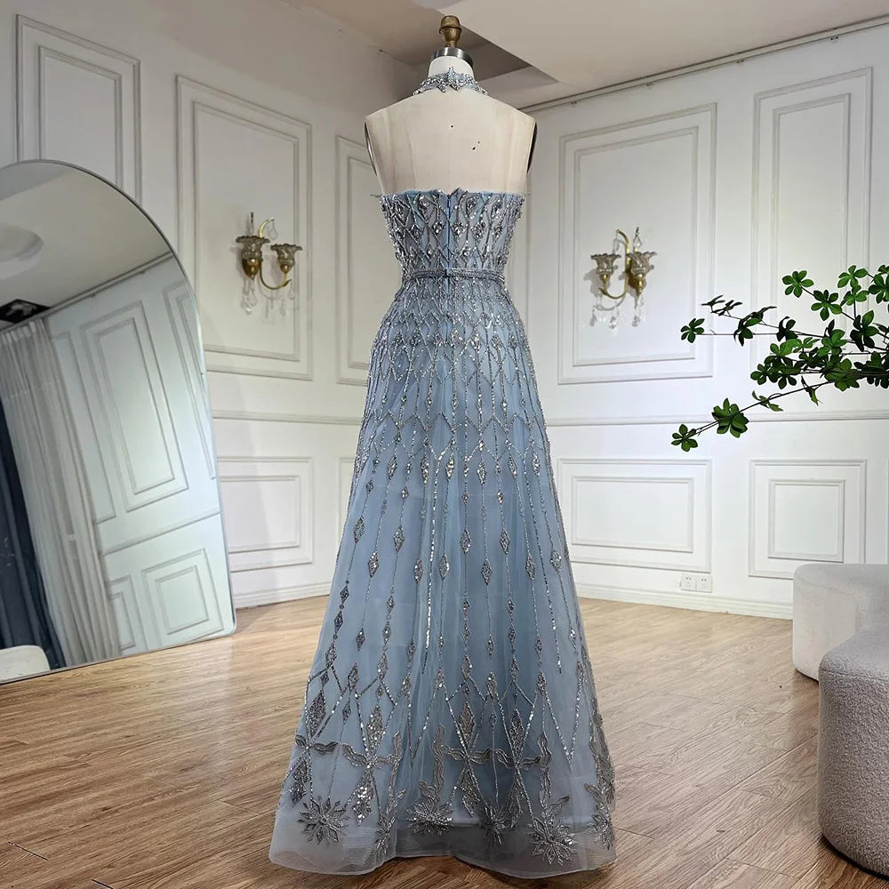 Luxury Dubai Arabic A-Line Elegant Blue Saudi Evening Gown Luxury Beaded Dress for Formal Occasion LA72717