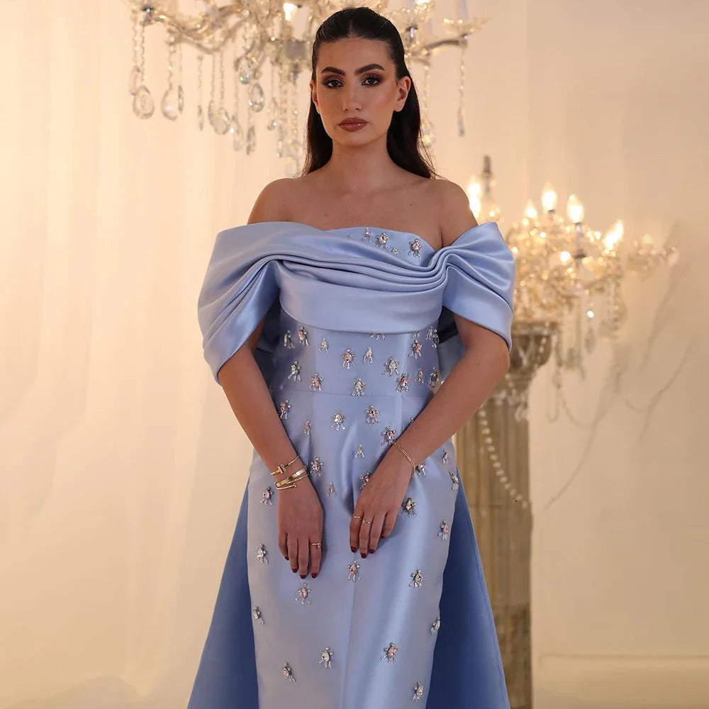 Serene Hill 2025 Arabic Blue Beaded Crystal Ankle-Length Mermaid Satin Evening Dresses Gowns for Women Wedding Party LA72414A