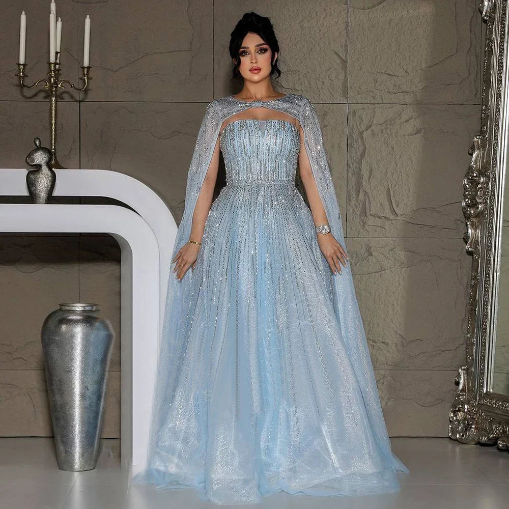Serene Hill 2025 Arabic Blue Cape Sleeves A-Line Beaded Evening Dresses Long Celebrity Gowns for Women Wedding Party LA72427