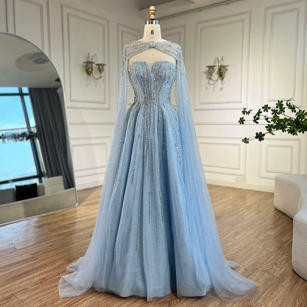 Serene Hill 2025 Arabic Blue Cape Sleeves A-Line Beaded Evening Dresses Long Celebrity Gowns for Women Wedding Party LA72427