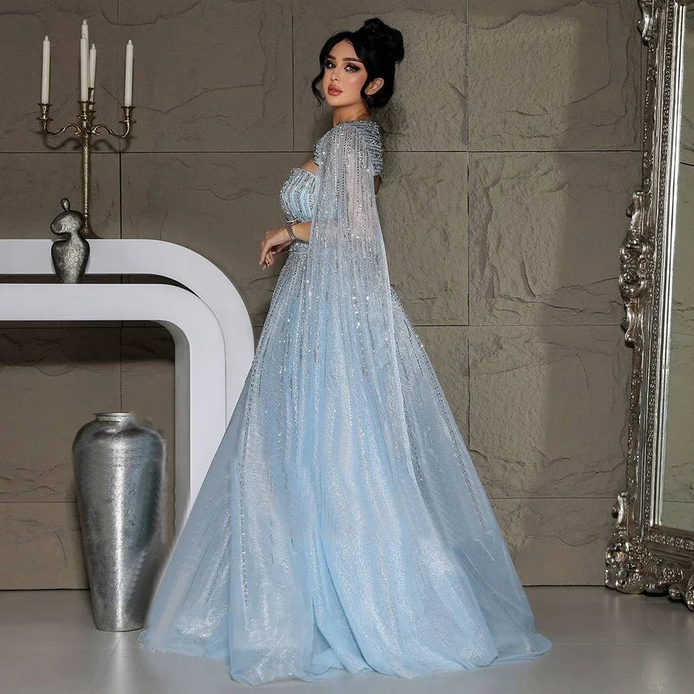 Serene Hill 2025 Arabic Blue Cape Sleeves A-Line Beaded Evening Dresses Long Celebrity Gowns for Women Wedding Party LA72427