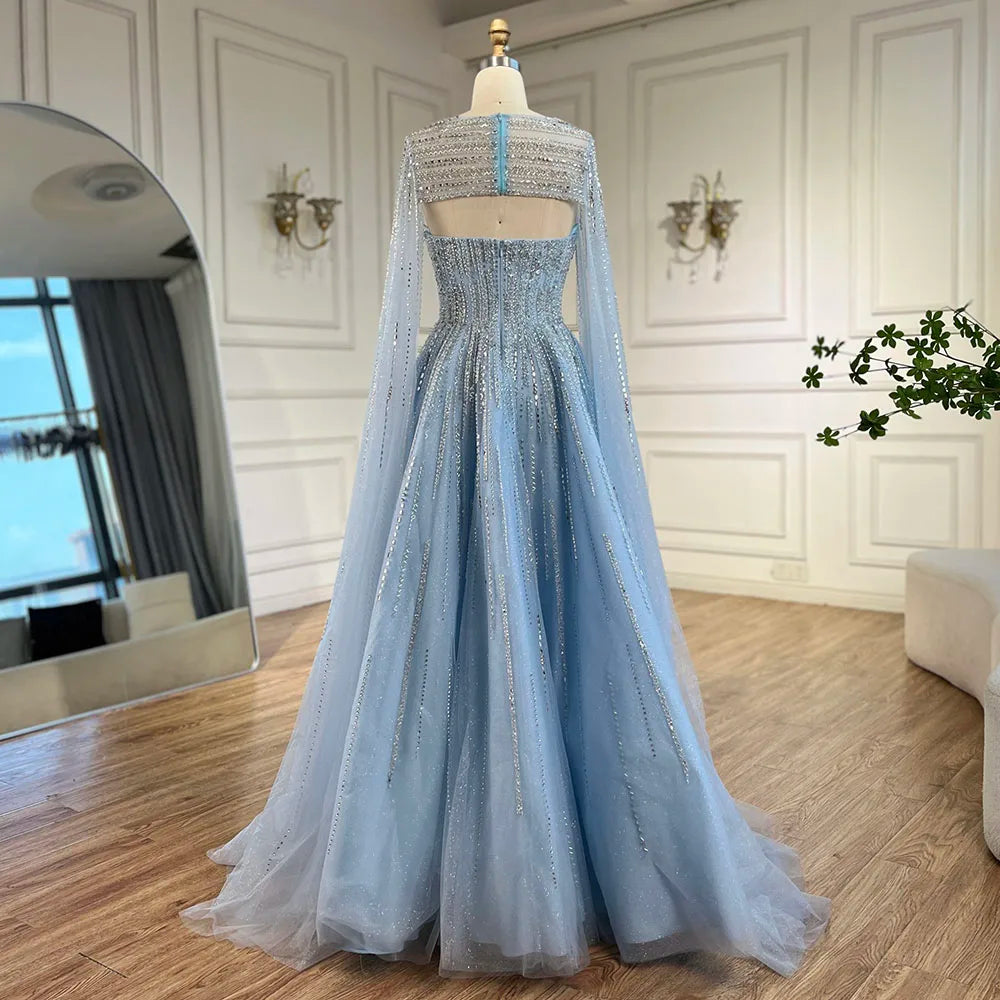 Serene Hill 2025 Arabic Blue Cape Sleeves A-Line Beaded Evening Dresses Long Celebrity Gowns for Women Wedding Party LA72427