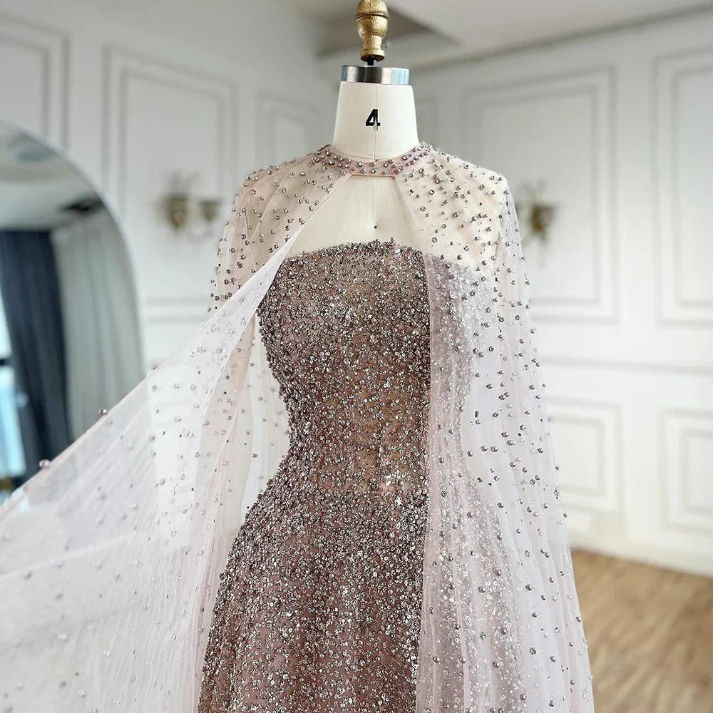 Luxury Arabic Blue A-Line Evening Dress with Cape Sleeves Plus Size LA72659