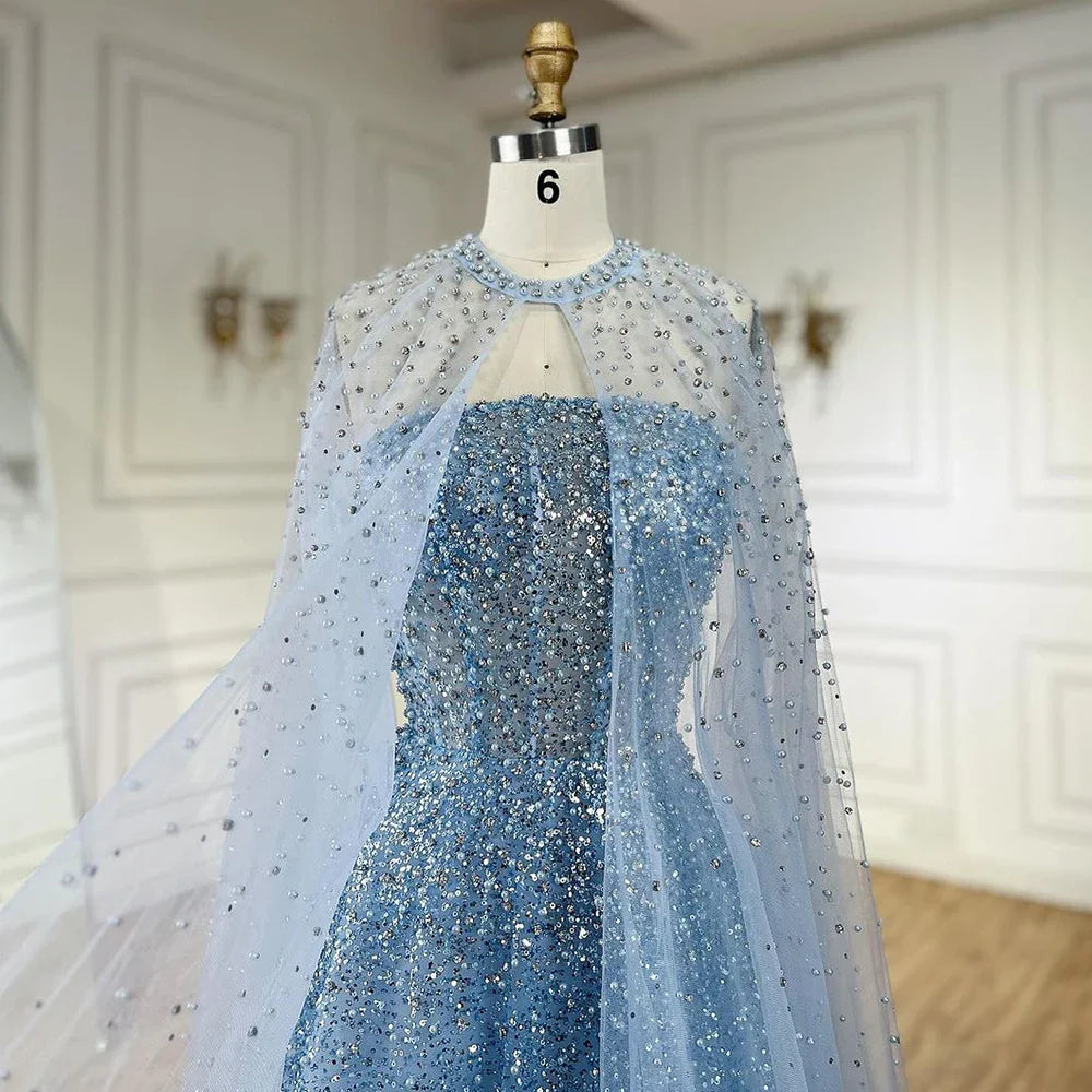 Luxury Arabic Blue A-Line Evening Dress with Cape Sleeves Plus Size LA72659
