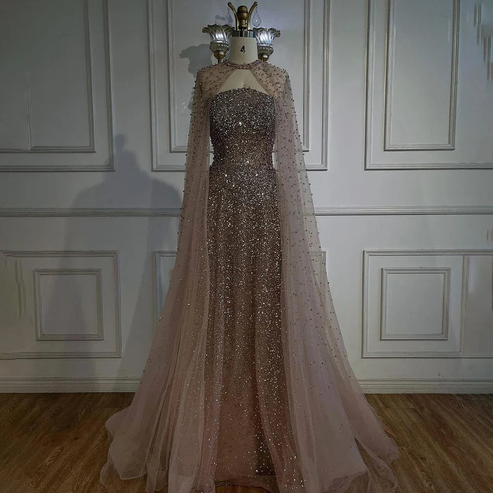 Luxury Arabic Blue A-Line Evening Dress with Cape Sleeves Plus Size LA72659
