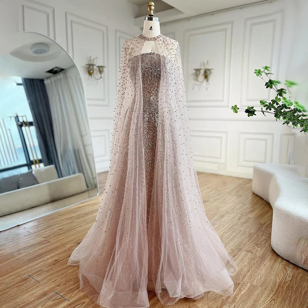 Luxury Arabic Blue A-Line Evening Dress with Cape Sleeves Plus Size LA72659