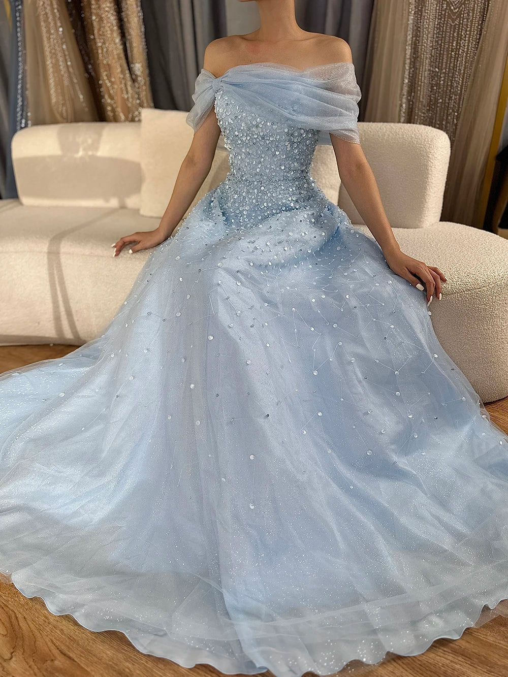 Luxury Dubai Arabic Blue Off The Shoulder Beaded Elegant A-Line Long Evening Dresses Gowns for Formal Occasion LA72009A