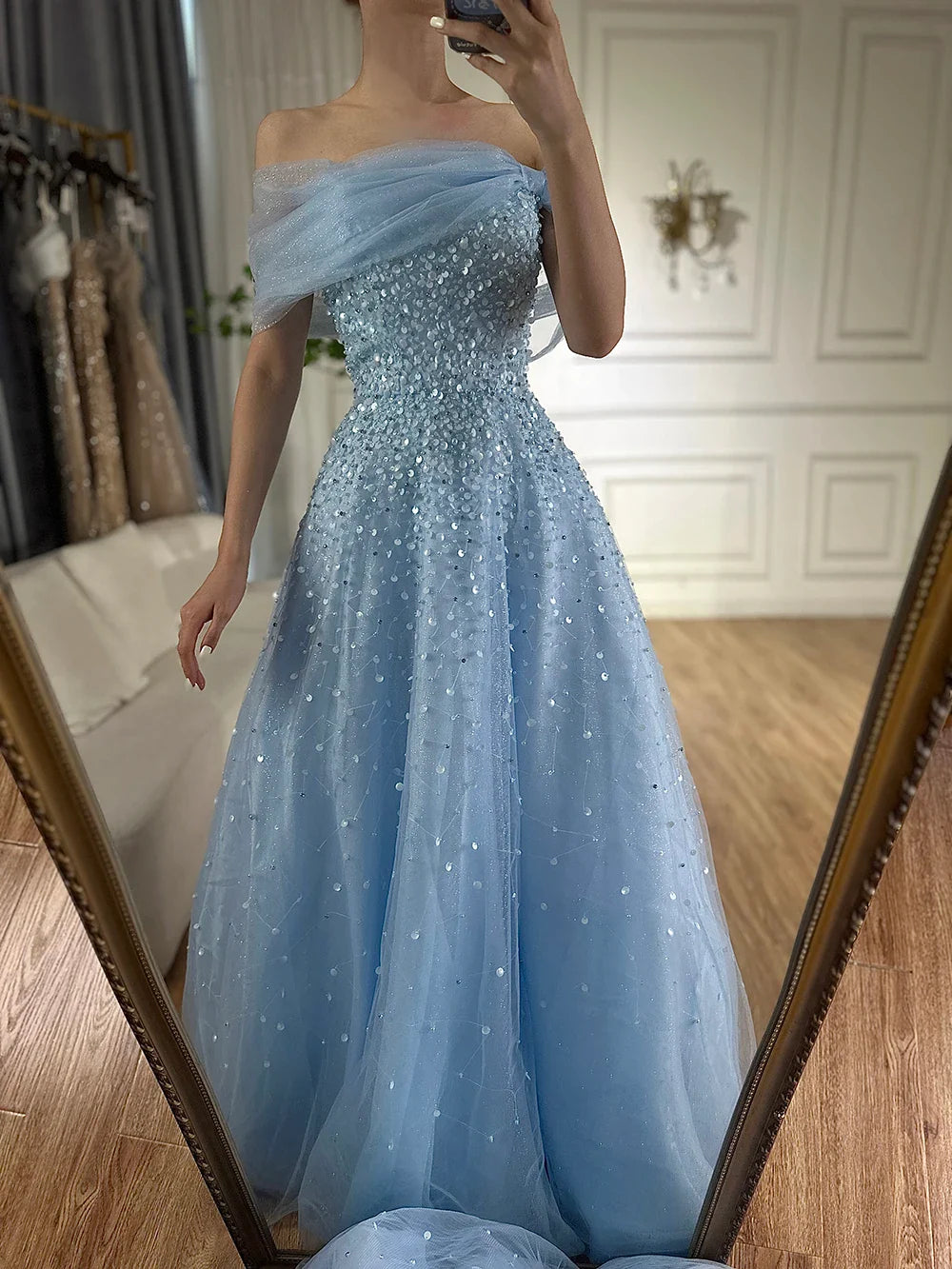 Luxury Dubai Arabic Blue Off The Shoulder Beaded Elegant A-Line Long Evening Dresses Gowns for Formal Occasion LA72009A