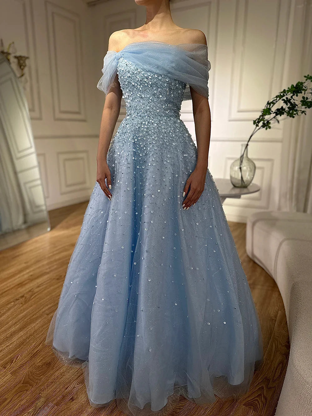 Luxury Dubai Arabic Blue Off The Shoulder Beaded Elegant A-Line Long Evening Dresses Gowns for Formal Occasion LA72009A