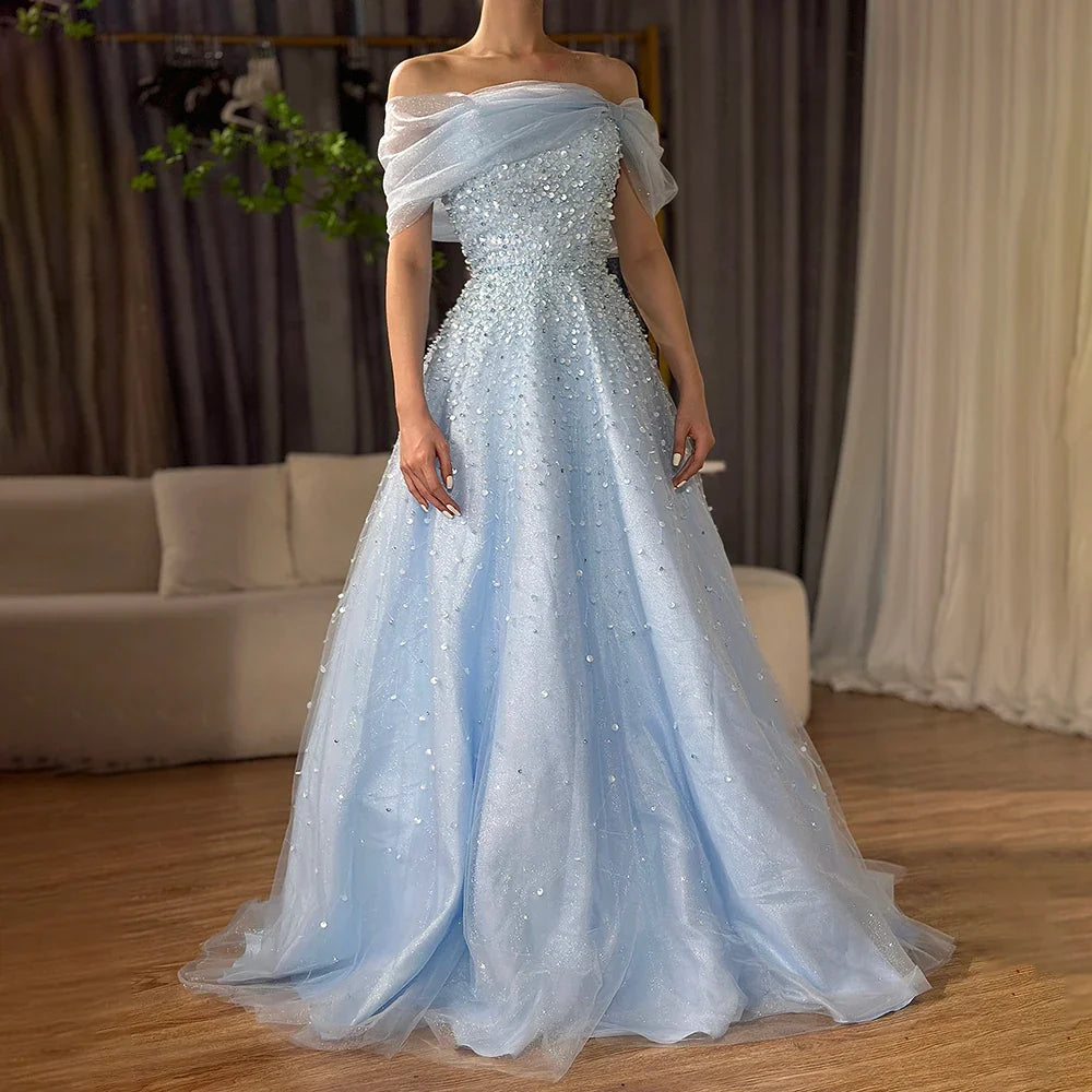 Luxury Dubai Arabic Blue Off The Shoulder Beaded Elegant A-Line Long Evening Dresses Gowns for Formal Occasion LA72009A
