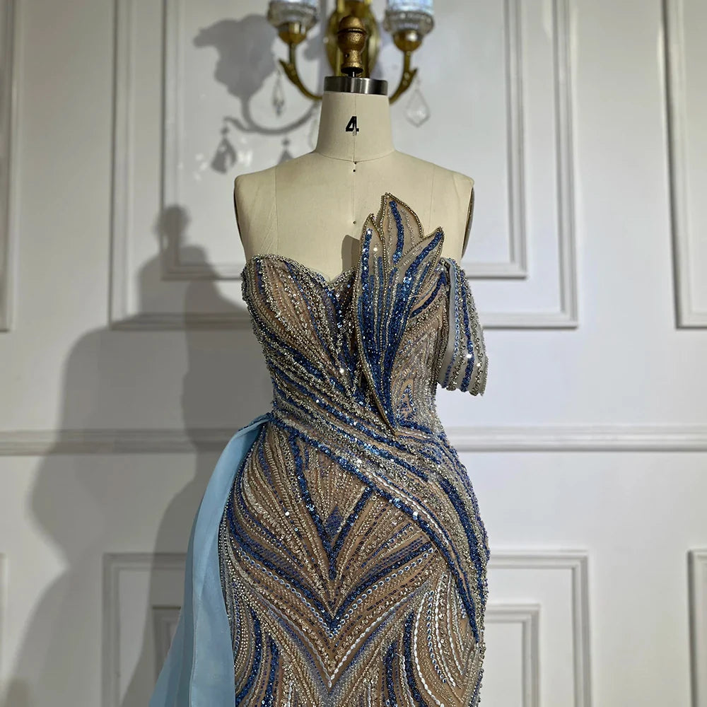 Luxury Dubai Arabic Blue One Shoulder Luxury Dubai Evening Gown with Side Overskirt Beaded Dress for Women's Party LA72662