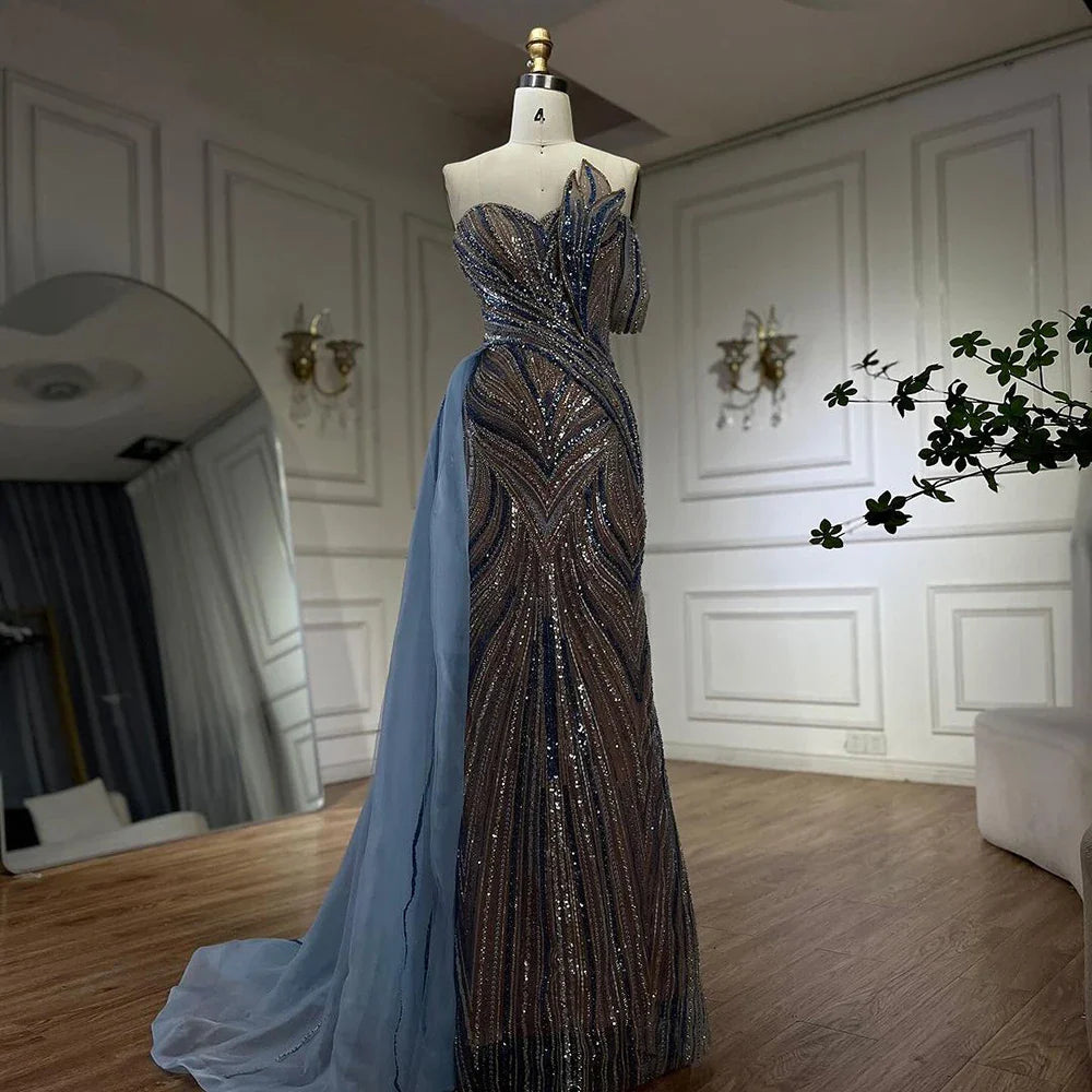 Luxury Dubai Arabic Blue One Shoulder Luxury Dubai Evening Gown with Side Overskirt Beaded Dress for Women's Party LA72662