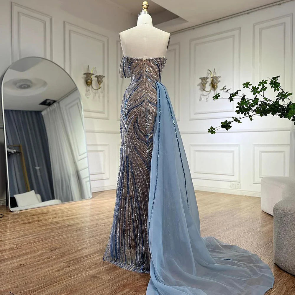 Luxury Dubai Arabic Blue One Shoulder Luxury Dubai Evening Gown with Side Overskirt Beaded Dress for Women's Party LA72662