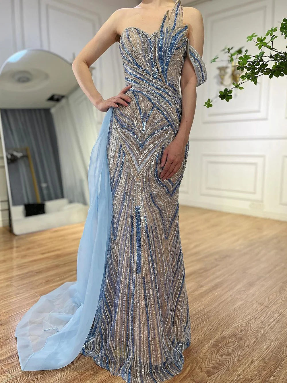 Luxury Dubai Arabic Blue One Shoulder Luxury Dubai Evening Gown with Side Overskirt Beaded Dress for Women's Party LA72662